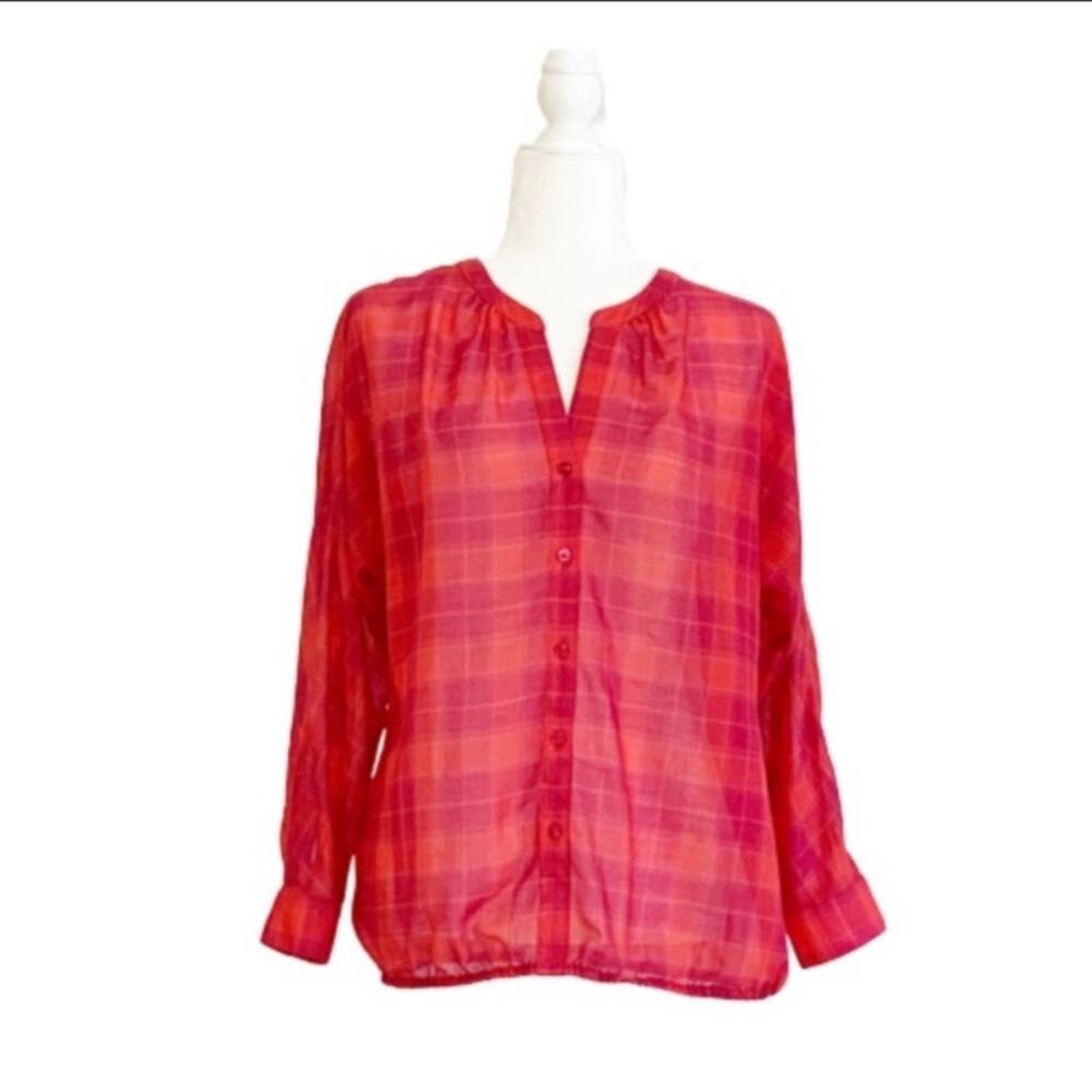 LOFT Blouse Top V-Neck Sheer Purple Orange Plaid Blouse Top Size Small